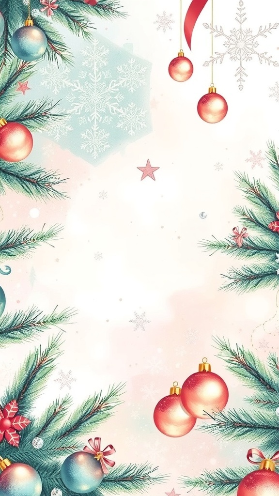 Watercolor Christmas wallpaper with festive snowflakes, trees, and ornaments in pastel colors.